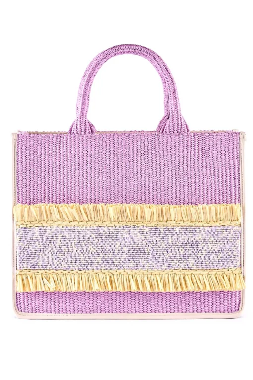 Shopping in rafia con ricamo di perline e frange