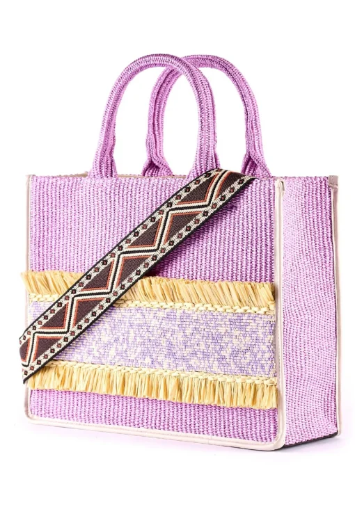 Shopping in rafia con ricamo di perline e frange